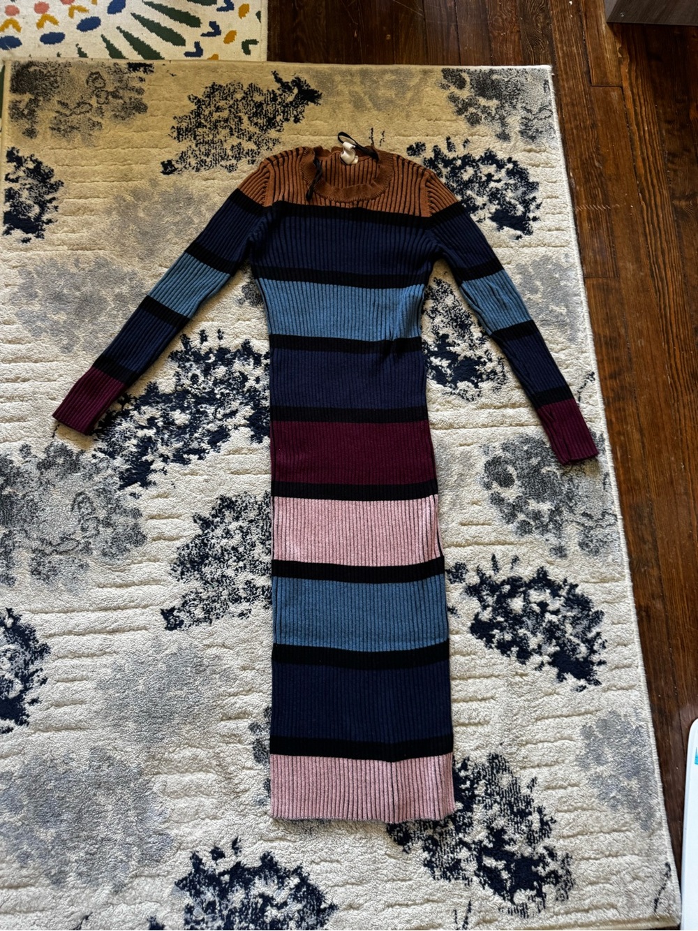 Striped Rib-Knit Long Sleeve Midi Dress - Multicolor
